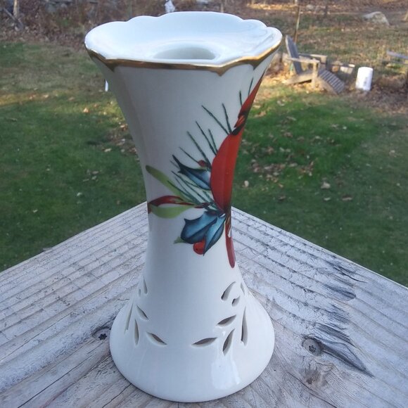 Lenox Winter Greetings Cardinal theme pierced taper candle holder - Picture 8 of 16